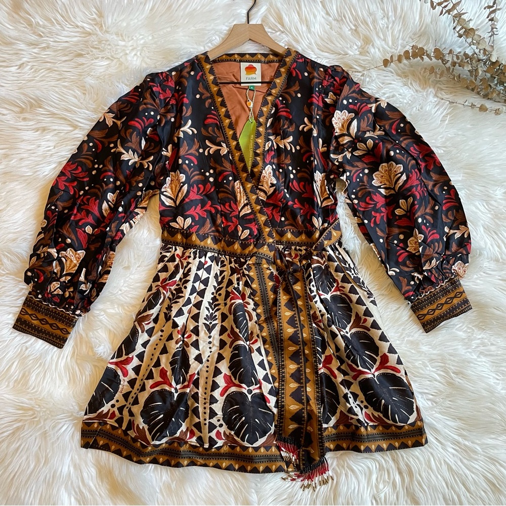 Farm Rio Tapestry Garden Multicolor V Neck Wrap Mini Dress NWT Medium - Picture 9 of 16